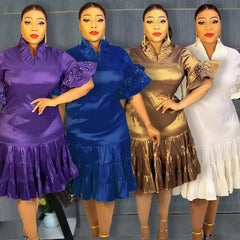 2024 New European and American  African Women Plus Size Five-point Sleeve Pleated Ruffled Dress African Clothes for Women SHOWLU FASHION STORE