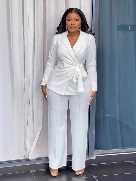 Autumn Womens White Suit Long Sleeve Fashion Blazer Suit with Straight Trouser Chic Elegant Pant Sets Wholesale Dropshipping