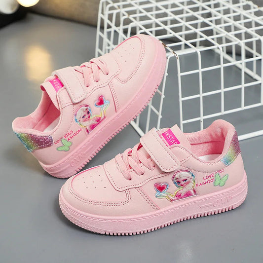 Disney Princess Elsa Children's Casual Shoes Spring Autumn Fashion Cartoon Girls' Casual Shoes Breathable White Shoes Size 25-36