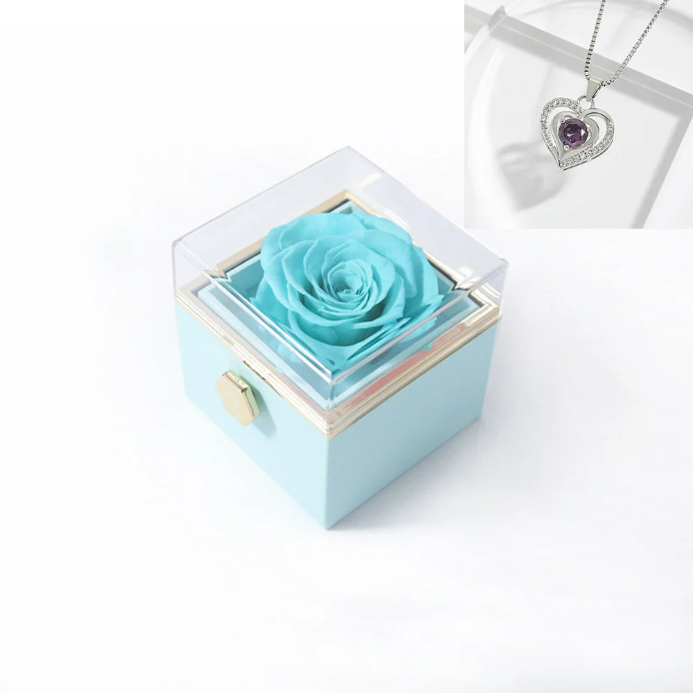 Rotating Rose Gift Box Acrylic Ring Necklace Preserved Flower Jewelry Box For Girlfriend Mother Valentine's Day Christmas Gifts SHOWLU FASHION STORE