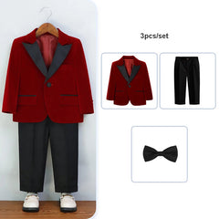 Autumn Boys Red Velvet Suit Set Children Birthday Party Wedding Host Piano Performance Costume Kids Blazer Pants Bowtie Outfit SHOWLU FASHION STORE