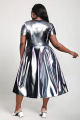 Plus Size Women Party Midi Dress Elegant Round Neck Short Sleeve Folded A-Line Metallic Glitter Fabric Midi Dresses For Summer SHOWLU FASHION STORE