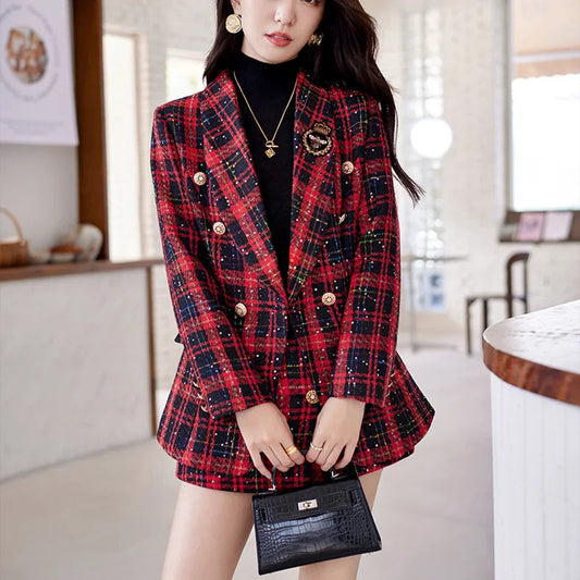 ZJYT Elegant Plaid Tweed Blazer Shorts Suits Autumn Winter Outfits for Women 2 Piece Business Chic Office Matching Set Plus Size SHOWLU FASHION STORE