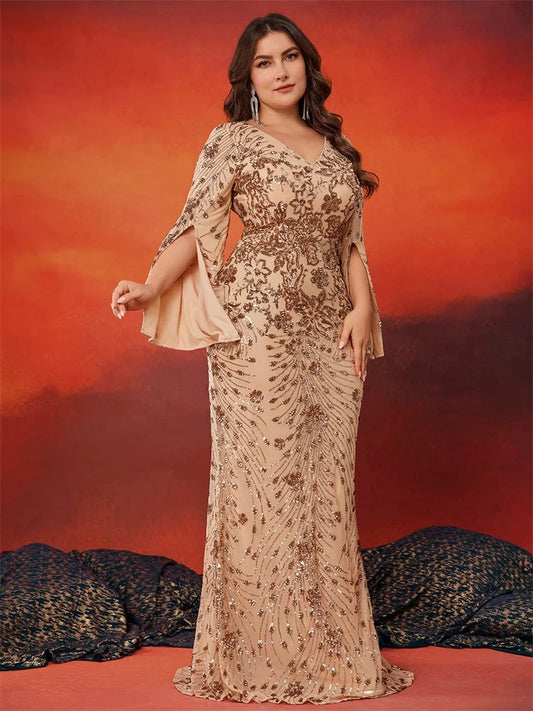 Lucyinlove Plus Size Luxury Gold Evening Dresses Women 2024 Long Sleeve Mermaid Formal Sequins Prom Wedding Party Cocktail Gowns