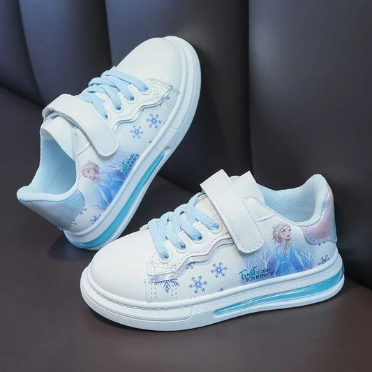 Disney Girls' White Shoes Leather Cartoon Princess Elsa Shoes Spring Girls'  Sports Blue White Shoes Sneakers Size 26-37 SHOWLU FASHION STORE