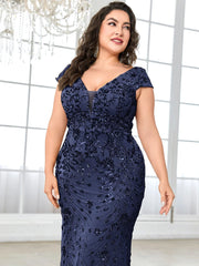 Lucyinlove Plus Size Elegant Blue Evening Dress For Women 2024 Luxury Long Mermaid Formal Sequins V-neck Prom Wedding Party Gown SHOWLU FASHION STORE