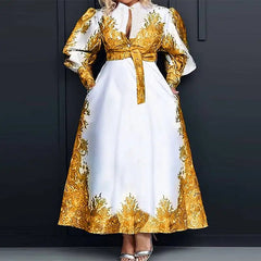 Plus Size 5XL VONDA Elegant Dress Women Summer Long Sleeve Belted Printed Maxi Long Dress Buttons Vintage Casual Robe Femme SHOWLU FASHION STORE