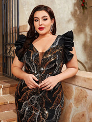 Mgiacy plus size V-neck sequin color contrast design multi-layer flying sleeve fishtail slim dress Evening gown ball dress SHOWLU FASHION STORE