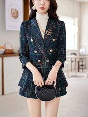 ZJYT Elegant Plaid Tweed Blazer Shorts Suits Autumn Winter Outfits for Women 2 Piece Business Chic Office Matching Set Plus Size SHOWLU FASHION STORE