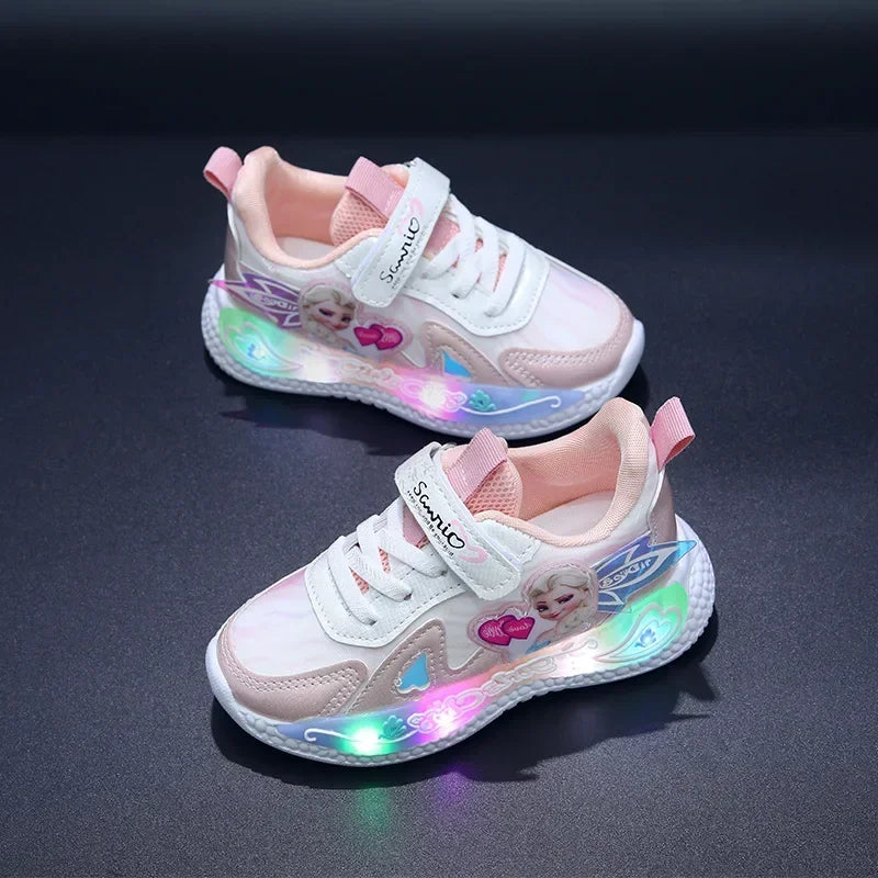Disney LED Casual Sneakers Pink Purple For Summer Girls Frozen Elsa Princess Print Outdoor Shoes Children Lighted Non-slip Shoes SHOWLU FASHION STORE