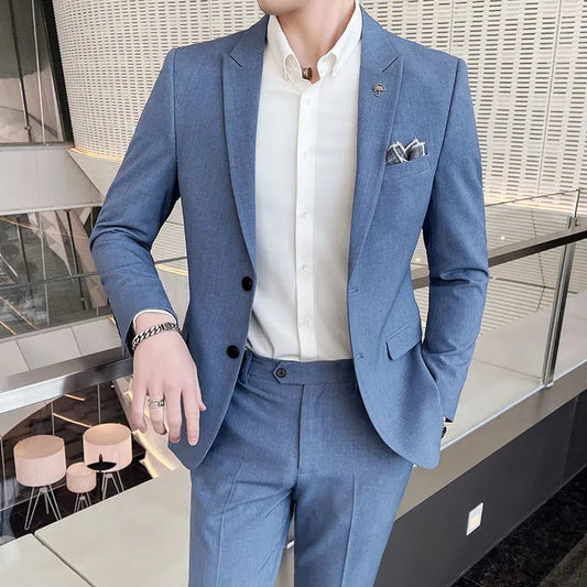 (Jacket+Pants) Fashion Men's Pure Color Leisure Suits Gray Blue Black Slim Fit Men Business Banquet Suit Set Plus Size 6XL 7XL SHOWLU FASHION STORE