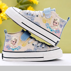 Disney Girls' Casual Canvas Shoes Frozen Princess Elsa Children's White Shoes Breathable Soft Sole High Top Casual Shoes Size 24 SHOWLU FASHION STORE
