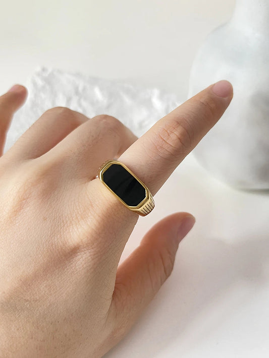 Peri'sBox Chunky Elegant Stainless Steel Gold Plated Rectangle Monther of Pearl Rings Jewelry Black Shell Finger Ring Unusual