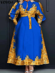 Plus Size 5XL VONDA Elegant Dress Women Summer Long Sleeve Belted Printed Maxi Long Dress Buttons Vintage Casual Robe Femme SHOWLU FASHION STORE