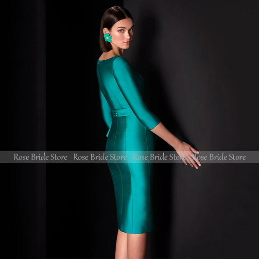 Column Cocktail Dress Turquoise Satin V Neck 3/4 Sleeves Knee Length Wedding Guest Gowns for Women Ruffle Sheath Cocktail Dress SHOWLU FASHION STORE