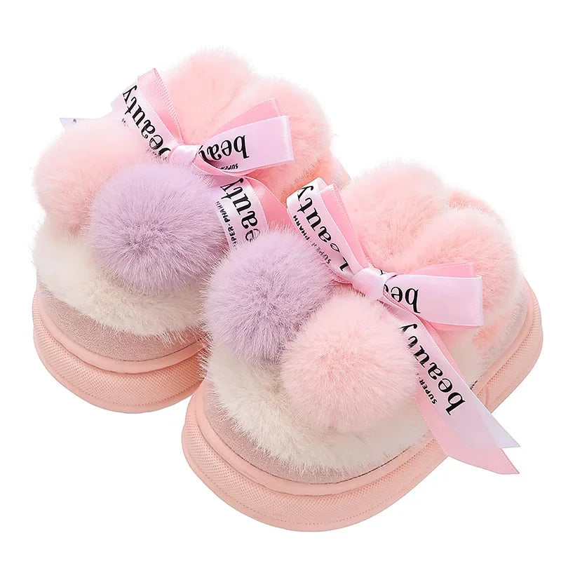Winter Children Home Slippers Cover Heels Cute Hairball Girls Shoes Soft Non-slip Indoor Baby Boys Cotton Slippers Zapatos Niña SHOWLU FASHION STORE