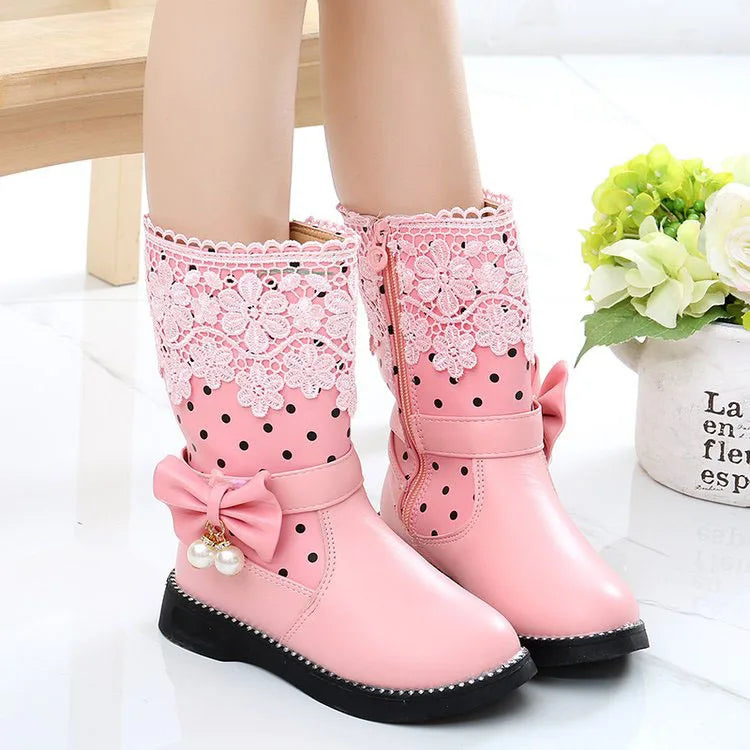 JGSHOWKITO Girls Boots Warm Cotton Kids Fashion Boots Children Winter Shoes For Girls Snow Boots PU Leather Lace Bow-knot Sweet SHOWLU FASHION STORE