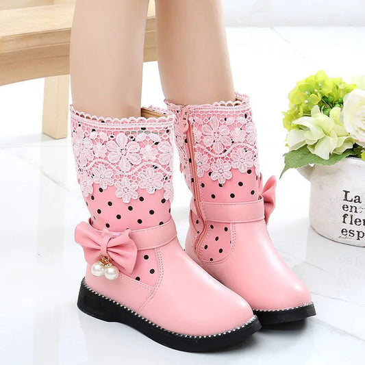JGSHOWKITO Girls Boots Warm Cotton Kids Fashion Boots Children Winter Shoes For Girls Snow Boots PU Leather Lace Bow-knot Sweet SHOWLU FASHION STORE