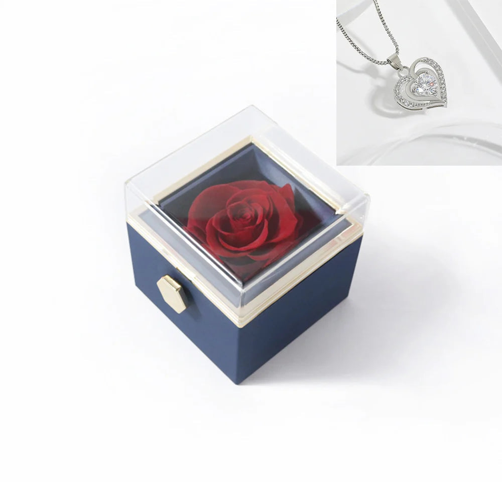 Rotating Rose Gift Box Acrylic Ring Necklace Preserved Flower Jewelry Box For Girlfriend Mother Valentine's Day Christmas Gifts SHOWLU FASHION STORE