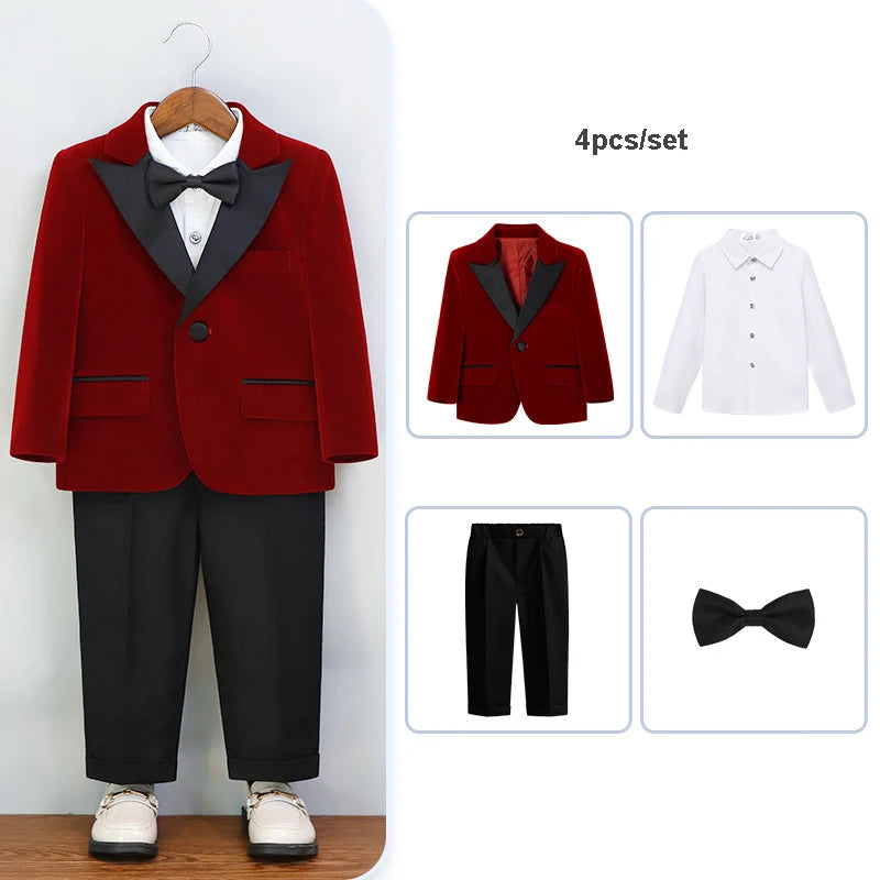 Autumn Boys Red Velvet Suit Set Children Birthday Party Wedding Host Piano Performance Costume Kids Blazer Pants Bowtie Outfit SHOWLU FASHION STORE