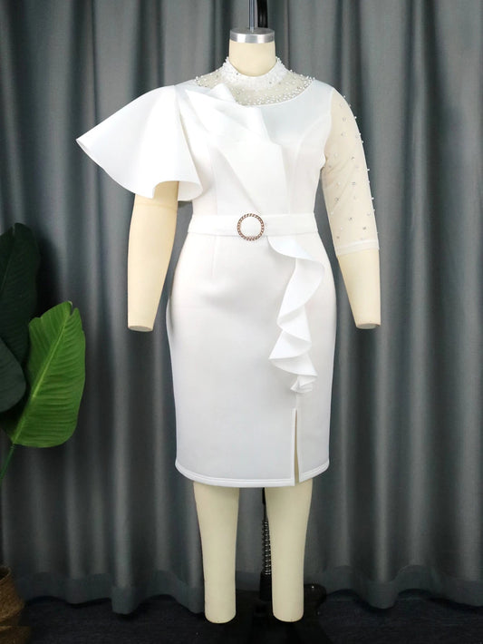 Plus Size White Dress for Women O Neck Beading Patchwork Peplum Bodycon Evening Birthday Event Party Gowns 4XL Outfits Summer SHOWLU FASHION STORE
