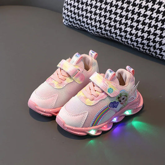 Disney Girl's Casual Shoes Mesh Pink Sport LED Light Breathable Sneakers Comfortable Frozen Children's Pink Purple Shoes Size 35 SHOWLU FASHION STORE