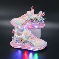 Disney Girl's Casual Shoes Mesh Pink Sport LED Light Breathable Sneakers Comfortable Frozen Children's Pink Purple Shoes Size 35 SHOWLU FASHION STORE