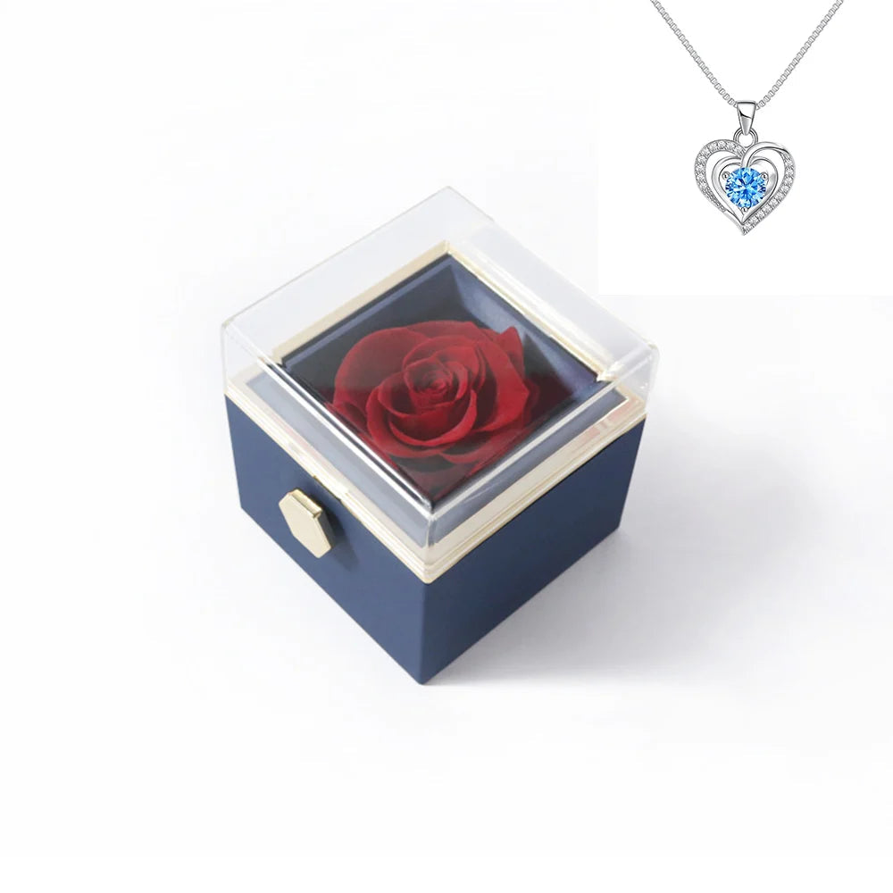 Rotating Rose Gift Box Acrylic Ring Necklace Preserved Flower Jewelry Box For Girlfriend Mother Valentine's Day Christmas Gifts SHOWLU FASHION STORE