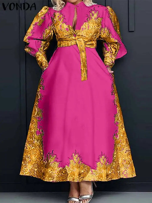 Plus Size 5XL VONDA Elegant Dress Women Summer Long Sleeve Belted Printed Maxi Long Dress Buttons Vintage Casual Robe Femme SHOWLU FASHION STORE