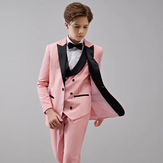 Children Kid Boy's Pink 3 Pieces Black Pointed Collar Suits Tuxedos Wedding/Prom (Jacket+Pants+Vest) Master Of Ceremonies Dress SHOWLU FASHION STORE