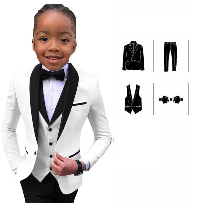 Children Slim Fit White Jacket Vest Pants Bowtie 4PCS Photograph Suit Kids Piano Host Performance Dress Boy's Suit For Wedding SHOWLU FASHION STORE