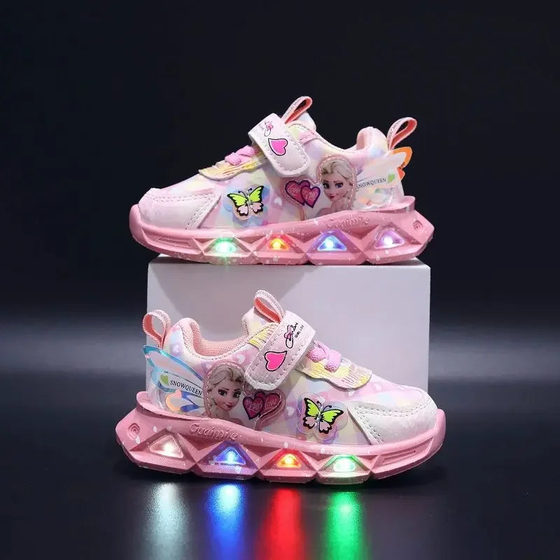 Disney LED Casual Sneakers For Spring Girls Frozen Elsa Princess Print Pu Leather Shoes Children Lighted Non-slip Pink Purple SHOWLU FASHION STORE