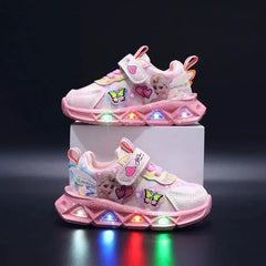 Disney LED Casual Sneakers For Spring Girls Frozen Elsa Princess Print Pu Leather Shoes Children Lighted Non-slip Pink Purple SHOWLU FASHION STORE