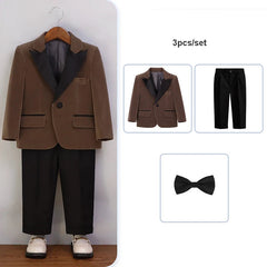 Autumn Boys Red Velvet Suit Set Children Birthday Party Wedding Host Piano Performance Costume Kids Blazer Pants Bowtie Outfit SHOWLU FASHION STORE