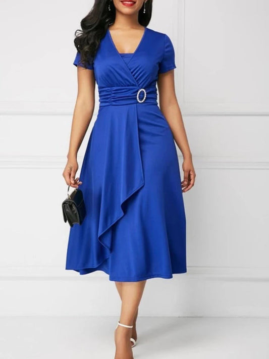 Summer Dresses Elegant Women Solid Color Short Sleeve V Neck Asymmetric Hem Waist Tight Midi Party Dress Ladies Evening Vestidos SHOWLU FASHION STORE