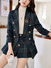 ZJYT Elegant Plaid Tweed Blazer Shorts Suits Autumn Winter Outfits for Women 2 Piece Business Chic Office Matching Set Plus Size SHOWLU FASHION STORE