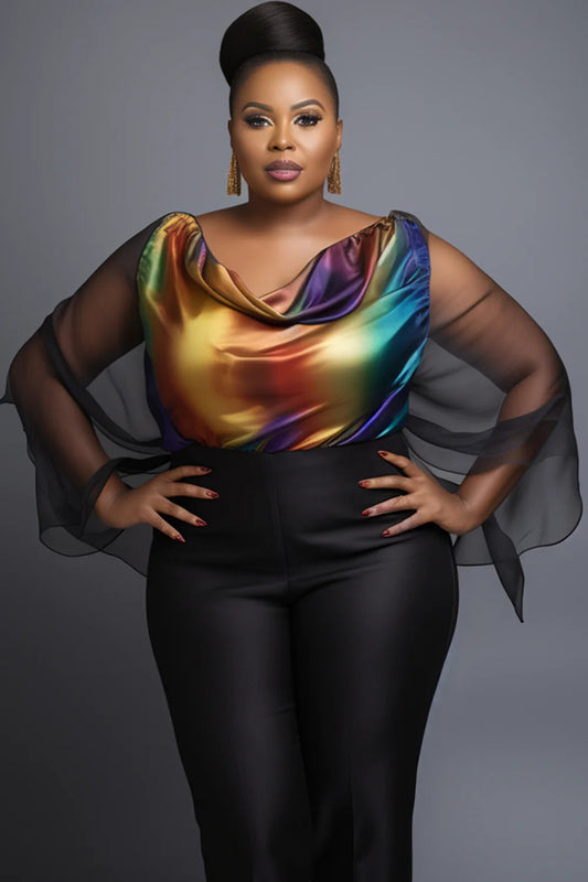 Women Plus Size Business Casual Multicolor Gradient Cowl Neck Batwing Sleeve Long Sleeve See Through Ruffled Fold Chiffon Blouse SHOWLU FASHION STORE