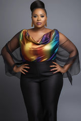 Women Plus Size Business Casual Multicolor Gradient Cowl Neck Batwing Sleeve Long Sleeve See Through Ruffled Fold Chiffon Blouse SHOWLU FASHION STORE