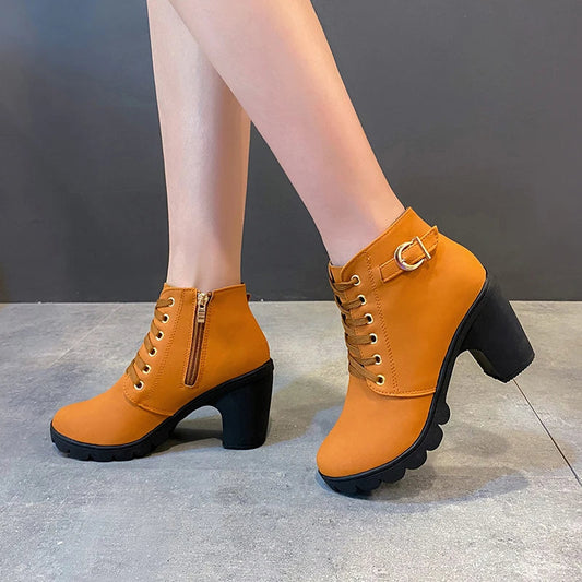 New Spring Winter Women Pumps Boots High Quality Lace-up European Ladies Shoes PU High Heels Boots Fast Delivery Platform Boots SHOWLU FASHION STORE