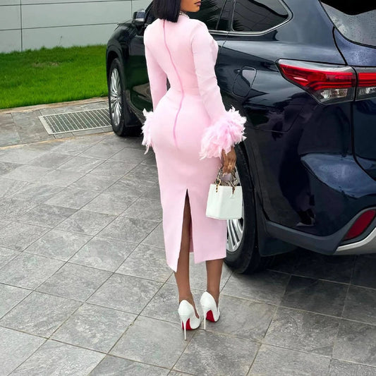 BKLD New Arrival Women Sexy High Waisted Long Sleeve Feather Trim Split Bandage Dress OL 2024 Elegant Evening Club Party Dresses SHOWLU FASHION STORE