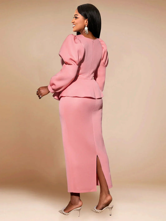Pink Long Dresses for Women Long Sleeve High Waist Ruffles Peplum Package Hip Evening Banquets Birthday Party Outfits 2024 New SHOWLU FASHION STORE