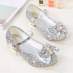 Princess Kids Leather Shoes for Girls Flower Casual Glitter Children High Heel Girls Shoes Butterfly Knot Gold Silver SHOWLU FASHION STORE