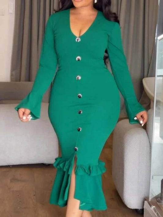 Ruffle Bodycon Long Sleeve Slim Fit Maxi Dress for Women Country Concert Outfit Going Out Outfits Summer Fashion SHOWLU FASHION STORE