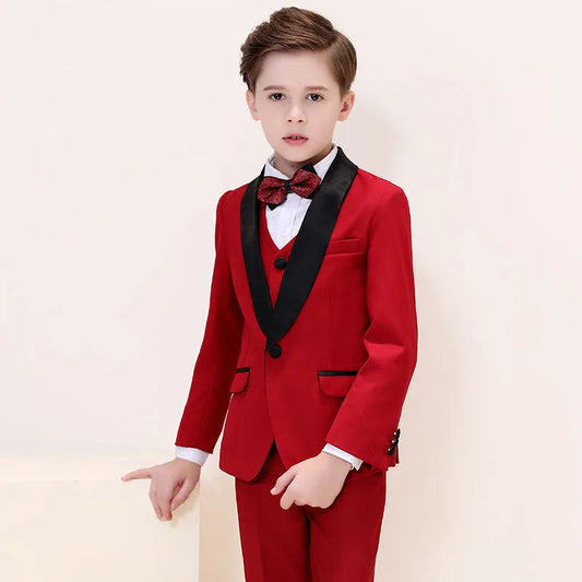 Children's Red Formal Suit Set Boy's Wedding Birthday Host Performance Photography Costume Kids Blazer Pants Outfit