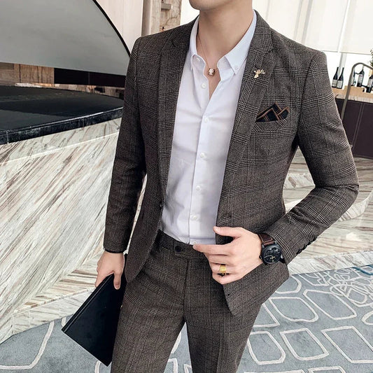 ( Blazer + Pants ) High-end Brand Formal Business Plaid Mens Suit Groom Wedding Dress Solid Color Stage Performance Tuxedo S-7XL SHOWLU FASHION STORE