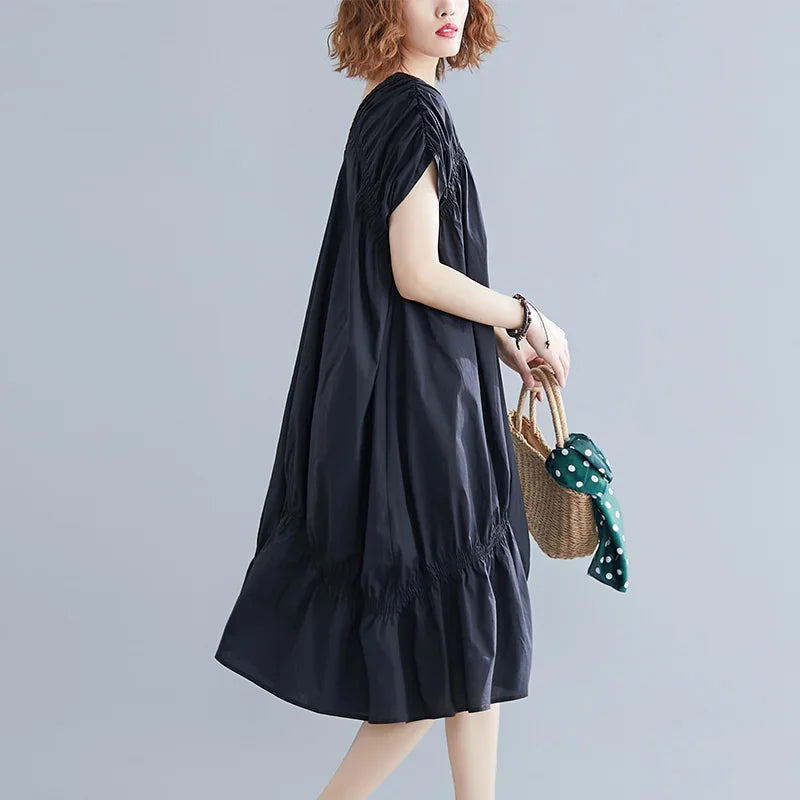 V-neck Dress Irregular Oversized Loose Skirt Black Pleated Fishtail Skirt Fashionable Off The Shoulder New Style Plus Size SHOWLU FASHION STORE