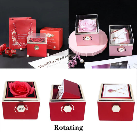 Rotating Rose Gift Box Acrylic Ring Necklace Preserved Flower Jewelry Box For Girlfriend Mother Valentine's Day Christmas Gifts SHOWLU FASHION STORE