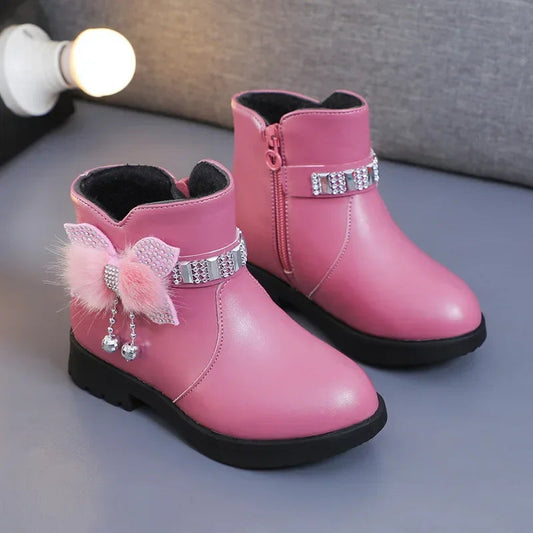 Cute Solid Color Children's Short Boots Zipper Plush Decoration Girl Fashion Winter Warmth Round Toe Outdoor Soft Sole Shoes SHOWLU FASHION STORE