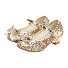 Princess Kids Leather Shoes for Girls Flower Casual Glitter Children High Heel Girls Shoes Butterfly Knot Gold Silver SHOWLU FASHION STORE