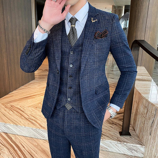 (Blazers+Vest+ Pants) Spring New Fashion Gentleman Men's Plaid Leisure Suit Jacket Sets England Simple Groom 3 Piece Tuxedo 5XL SHOWLU FASHION STORE
